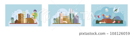 Water pollution. Vector illustration. The poisoning rivers and lakes due to chemical spills causes significant harm to aquatic life Destruction natural habitats disrupts balance ecosystems Water pollution. Vector illustration. The poisoning rivers and lakes due to chemical spills causes significant harm to aquatic life Destruction natural habitats disrupts balance ecosystems 108126059
