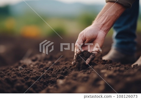 Farmer Grasping Soil in Field with Hand, Checking Quality Before Planting or Sowing. Generative Ai. 108126073