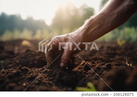 Close-up of Farmer's Hands Holding Soil at Sunset: Assessing Quality Before Sowing. Generative Ai. 108126075