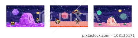 Space game. Vector illustration. The universe in game is filled with pixelated planets, stars, and asteroids The solar system in game presents players with astronomical challenges The galactic 108126171