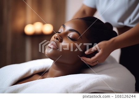 Young Black Woman Enjoying Aromatherapy and Massage in Spa. Generative Ai. 108126244