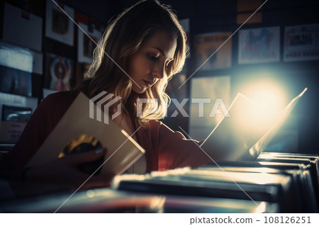 Young woman selecting vinyl record in music store. Generative Ai. 108126251