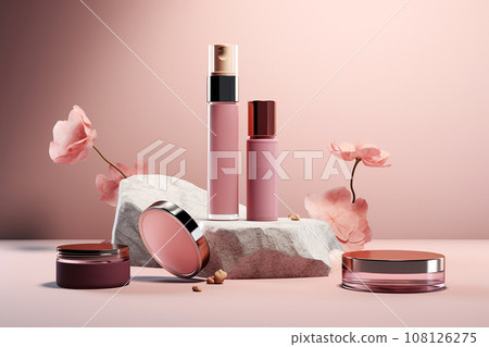 Cosmetic packaging containers for skincare on store shelf, skin care set for daily routine. Beauty product mock-up. Set of unbranded bottles and tubes for design packaging. Beauty and spa concept Cosmetic packaging containers for skincare on store shelf, skin care set for daily routine. Beauty product mock-up. Set of unbranded bottles and tubes for design packaging. Beauty and spa concept 108126275