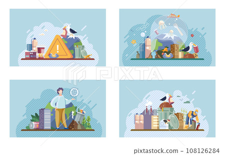 Waste pollution. Vector illustration. Plastic pollution and waste contamination are major concerns for environmental conservation The landfill overflowed with rubbish and garbage, causing pollution 108126284