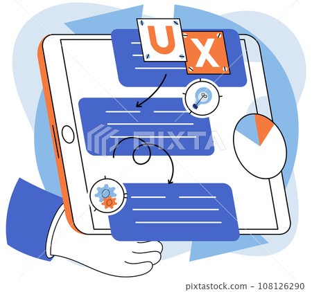 User experience design. Vector illustration. Designing software, process of creating user interface that shines User interface, nexus between software and its users UX UI design, key ingredients 108126290