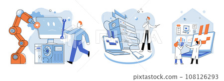 Computer troubleshooting. Vector illustration. The computer troubleshooting metaphor compares process to solving complex puzzle Technicians troubleshoot and repair computer problems efficiently Computer troubleshooting. Vector illustration. The computer troubleshooting metaphor compares process to solving complex puzzle Technicians troubleshoot and repair computer problems efficiently 108126293