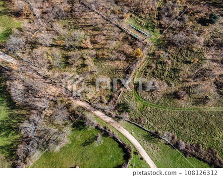 Aerial drone view of the Mountain Range of Rincon in Madrid during autumn Aerial drone view of the Mountain Range of Rincon in Madrid during autumn 108126312