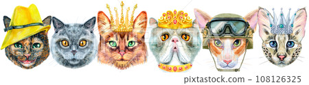 Border of portraits of cats of different breeds with accessories. Watercolor hand drawn illustration 108126325