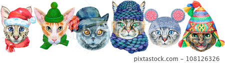 Border of portraits of cats of different breeds with accessories. Watercolor hand drawn illustration 108126326