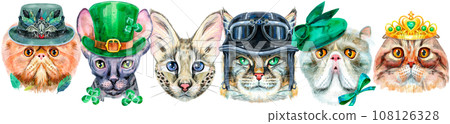 Border of portraits of cats of different breeds with accessories. Watercolor hand drawn illustration Border of portraits of cats of different breeds with accessories. Watercolor hand drawn illustration 108126328