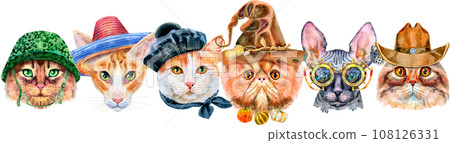 Border of portraits of cats of different breeds with accessories. Watercolor hand drawn illustraition 108126331