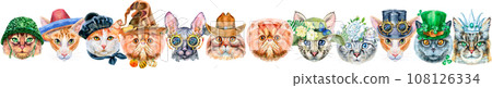 Border of portraits of cats of different breeds with accessories. Watercolor hand drawn illustraition 108126334