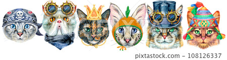 Border of portraits of cats of different breeds with accessories. Watercolor hand drawn illustration 108126337