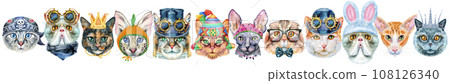 Border of portraits of cats of different breeds with accessories. Watercolor hand drawn illustration Border of portraits of cats of different breeds with accessories. Watercolor hand drawn illustration 108126340