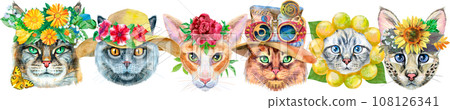 Border of portraits of cats of different breeds with accessories. Watercolor hand drawn illustration Border of portraits of cats of different breeds with accessories. Watercolor hand drawn illustration 108126341