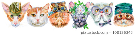 Border of portraits of cats of different breeds with accessories. Watercolor hand drawn illustration 108126343