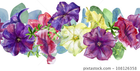 Seamless border of cute petunia flowers. Watercolor illustration 108126358