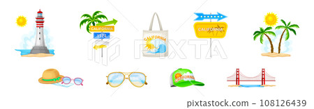 California Travel and Tourism with Summer Beach Objects Vector Set 108126439