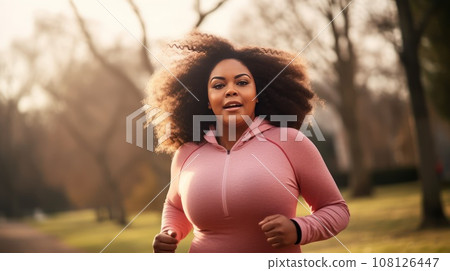 Plump Young African American woman jogging through an autumn city park. Plump Young African American woman jogging through an autumn city park. 108126447