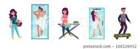 Man and Woman Character Daily Routine Vector Set Man and Woman Character Daily Routine Vector Set 108126452