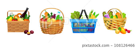 Shopping Wicker and Plastic Basket Full of Grocery Product and Purchase Vector Set 108126466