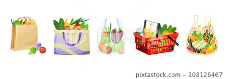 Shopping Bags and Basket Full of Grocery Product and Purchase Vector Set 108126467