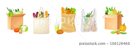 Shopping Bags Full of Grocery Product and Purchase Vector Set 108126468
