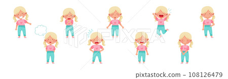 Little Blonde Girl Character with Facial Expression Vector Set 108126479
