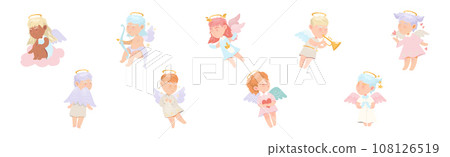 Cute Baby Angel Character with Wing and Nimbus Vector Set Cute Baby Angel Character with Wing and Nimbus Vector Set 108126519