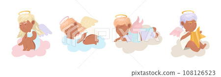 Cute Baby Angel Character with Wing and Nimbus Vector Set 108126523