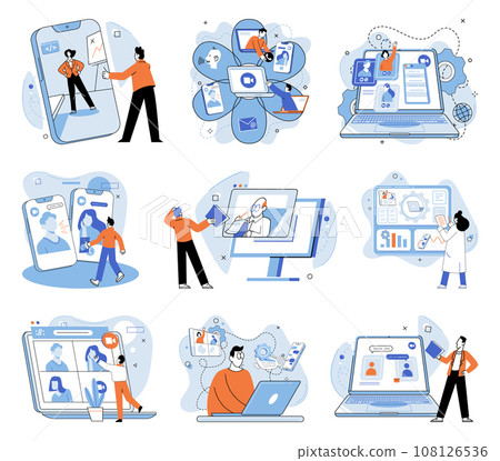 Online meeting. Vector illustration. Global collaboration is made possible through online meetings and virtual teamwork Distance is no longer barrier to effective communication in online meetings Online meeting. Vector illustration. Global collaboration is made possible through online meetings and virtual teamwork Distance is no longer barrier to effective communication in online meetings 108126536