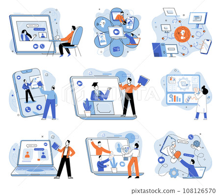 Online communication. Vector illustration. The online communication concept encompasses various digital channels and platforms Gathering information through online sources provides wealth knowledge Online communication. Vector illustration. The online communication concept encompasses various digital channels and platforms Gathering information through online sources provides wealth knowledge 108126570