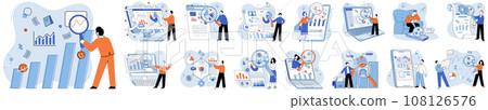 Market research. Vector illustration. Analyzing market trends enables businesses to make informed strategic decisions Thorough research and development foster innovation in market Comprehensive market Market research. Vector illustration. Analyzing market trends enables businesses to make informed strategic decisions Thorough research and development foster innovation in market Comprehensive market 108126576