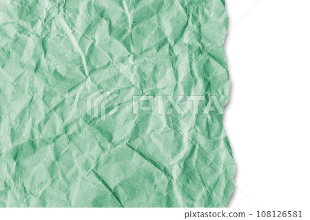 Recycled crumpled green paper texture with a torn edge isolated on white background 108126581