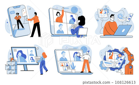 Online meeting. Vector illustration. Webinars provide digital platform for interactive online meetings and knowledge sharing The online meeting metaphorically represents virtual workspace for remote 108126613