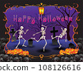 vector image of dancing skeletons with the inscription happy halloween in cartoon vintage style 108126616