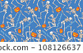 seamless texture for printing on fabric and paper of dancing skeletons with Happy Halloween symbols 108126637