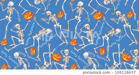 seamless texture for printing on fabric and paper of dancing skeletons with Happy Halloween symbols seamless texture for printing on fabric and paper of dancing skeletons with Happy Halloween symbols 108126637