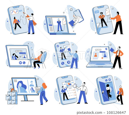 Video conference. Vector illustration. Joining video conference eliminates need for travel and reduces costs Cyberspace becomes virtual arena for productive discussions during video conference 108126647