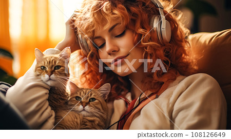 Beautiful red-haired girl sits in cozy chair with her eyes closed, wearing headphones, hugging cat Beautiful red-haired girl sits in cozy chair with her eyes closed, wearing headphones, hugging cat 108126649