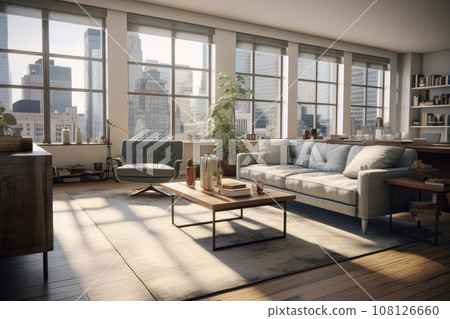 Living room interior in loft, industrial style, 3d render. 108126660