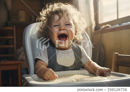 Laughing boy sits in baby chair eating porridge. Caucasian kid boy sitting 108126738