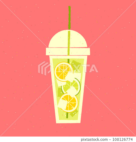Mocktail with lime and lemon. Juicy soft drink with ice cubes. Plastic glass with straw 108126774