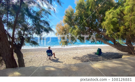 Man on a wild beach. Aegean sandy shore. Caria hiking trail. Turkey. 108126881