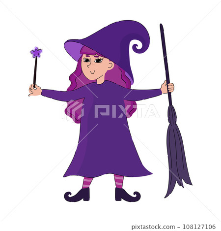 Cute cartoon witch with magic wand and broom. Hand drawn Halloween vector illustration Cute cartoon witch with magic wand and broom. Hand drawn Halloween vector illustration 108127106