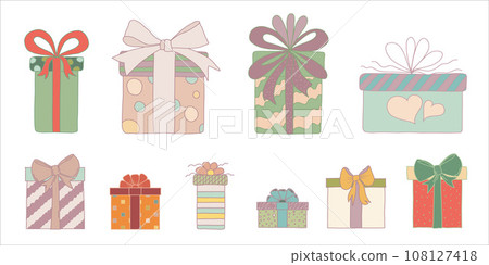 Set or collection cute hand drawn colored gift boxes in doodle style. Christmas gift box or for birthday and party and anniversaries or for the new year. Isolated vector illustration Set or collection cute hand drawn colored gift boxes in doodle style. Christmas gift box or for birthday and party and anniversaries or for the new year. Isolated vector illustration 108127418