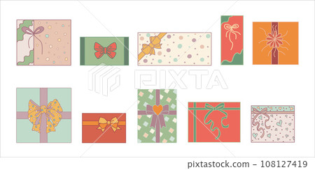 Set or collection cute colorful gift boxes top view hand drawn in doodle style. Gift box for Christmas or for birthdays and holidays and anniversary or for the new year. Isolated vector Set or collection cute colorful gift boxes top view hand drawn in doodle style. Gift box for Christmas or for birthdays and holidays and anniversary or for the new year. Isolated vector 108127419