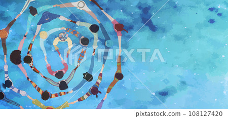 Group people in circle from diverse culture holding hands.Teamwork and cooperation.Community of friends or volunteers committed to social issues for peace and the environment.Top view.Equal Group people in circle from diverse culture holding hands.Teamwork and cooperation.Community of friends or volunteers committed to social issues for peace and the environment.Top view.Equal 108127420