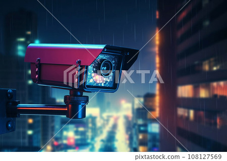 Security camera on modern building in rainy weather at night. Professional surveillance cameras. CCTV in the city. Security system, technology. Video equipment for safety system area control outdoor 108127569