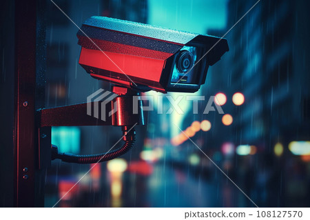Security camera on modern building in rainy weather at night. Professional surveillance cameras. CCTV in the city. Security system, technology. Video equipment for safety system area control outdoor Security camera on modern building in rainy weather at night. Professional surveillance cameras. CCTV in the city. Security system, technology. Video equipment for safety system area control outdoor 108127570
